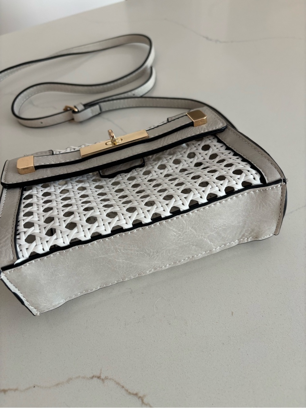 Woven White and Light Gray Crossbody Bag with Gold Hardware - Picture 3 of 7